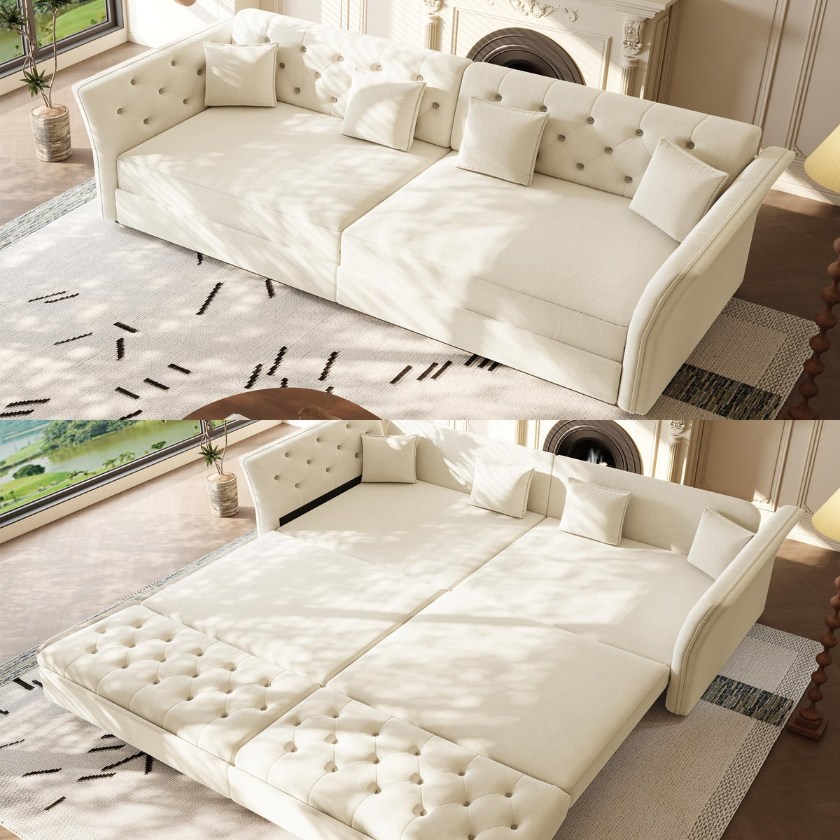100'' Sleeper Sofa Bed California King, Velvet Chesterfield Couch, Beige