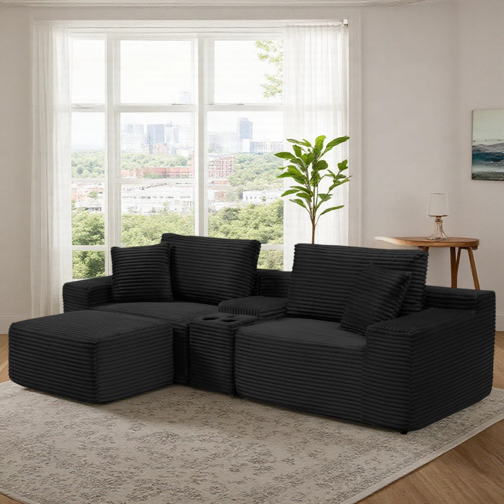 111" L Shape Boneless Couch with Cup Holders & USB Ports, 3 Seater Sectional Modular Couch with Storage Ottoman, Compressed Sofa Boneless Loveseat with for Living Room & Apartment, Jet Black