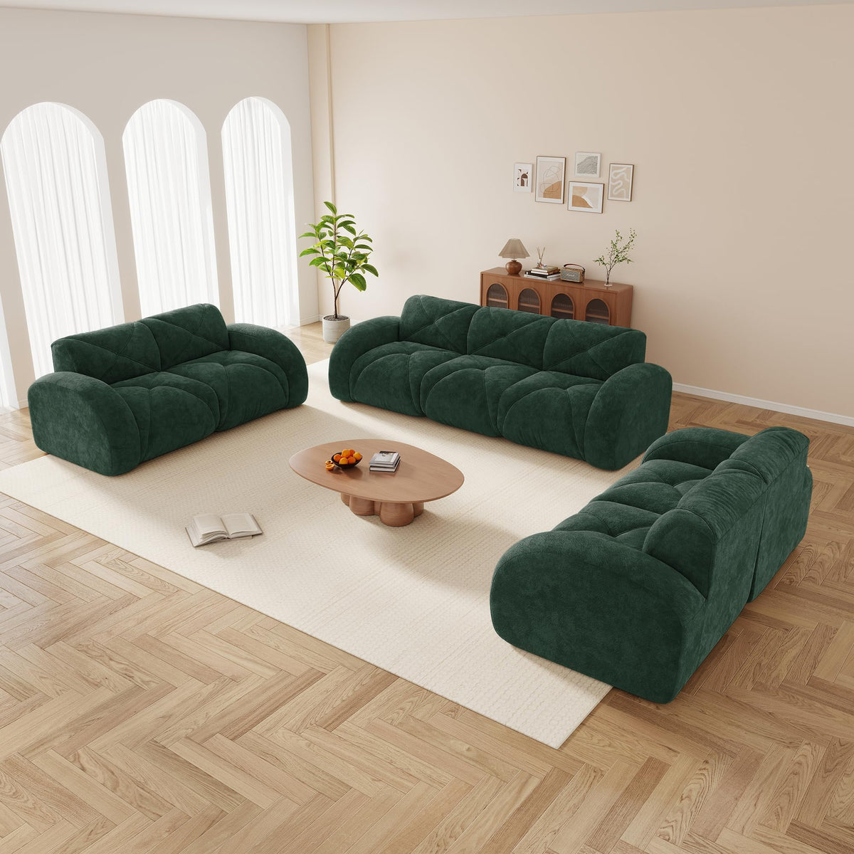 110.6" U Shaped Boneless Couch with Ottoman, Convertible Modular Sectional Cloud Sofa, Deep Seat 5 Seater Velvet Couch, 32D High Density Foam Sofas for Living Room, No Assembly Required, Camel