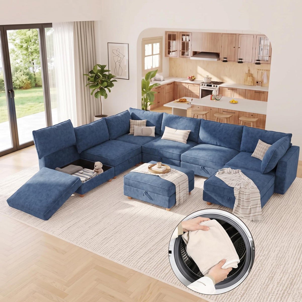 128'' Modular Sectional Sofa with Storage & Washable Covers, Convertible U/L Shaped Couch with Ottoman, 8-Seat Chenille Sectional Sleeper Sofa, Modular Sectional Sofas for Living Room,Orange