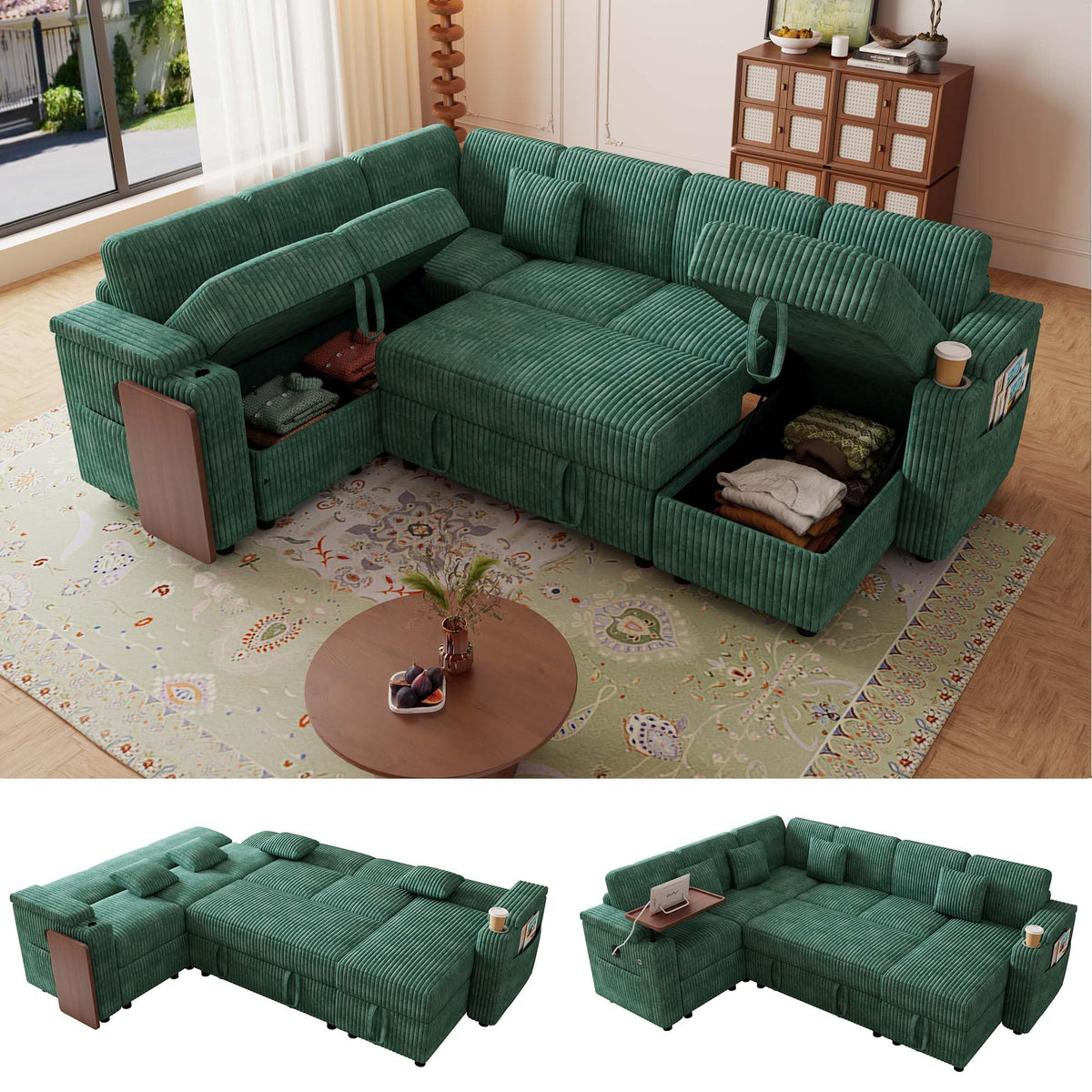 100'' Sectional Sleeper Sofa, Corduroy U Shaped Reclining Couch, Dark Gray
