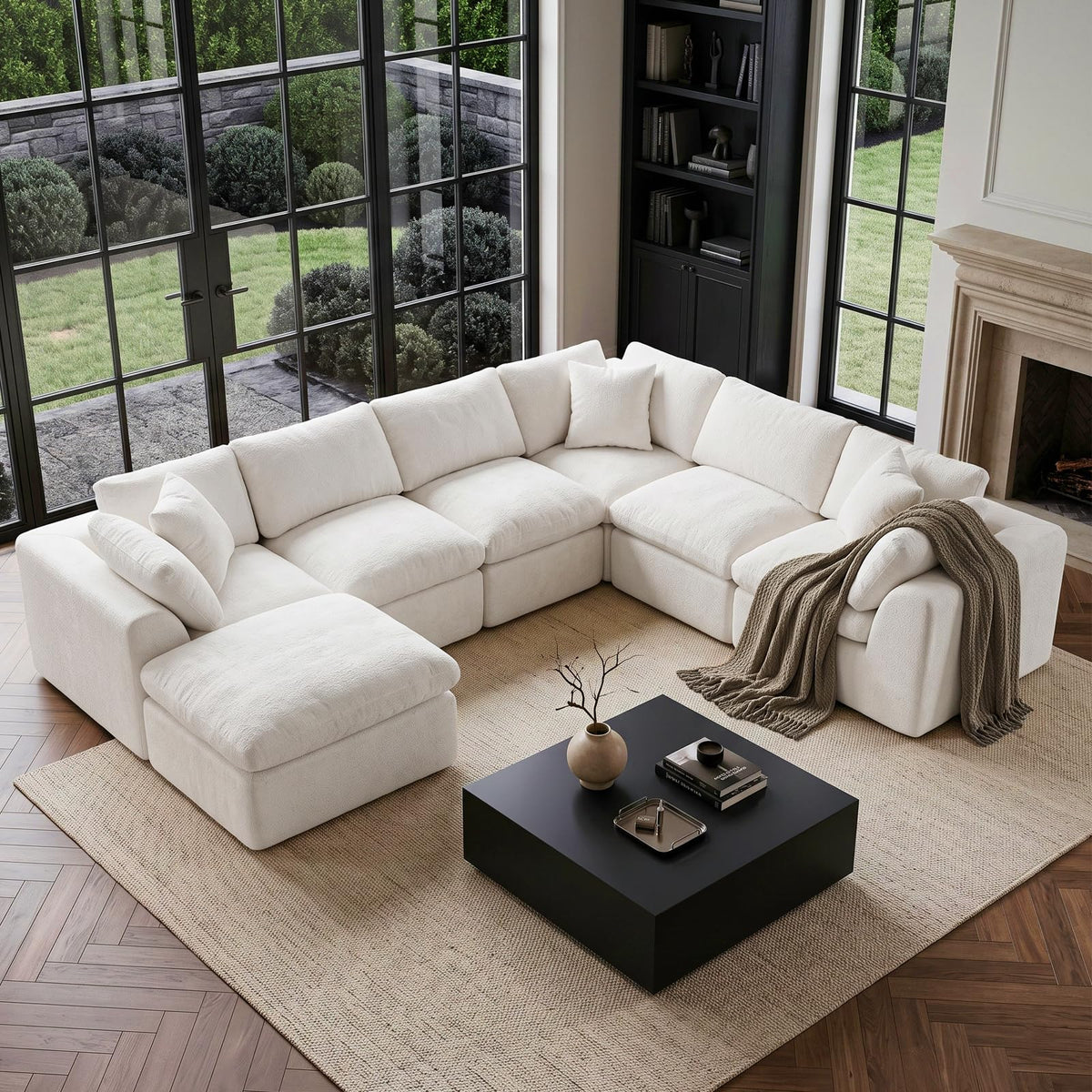 110" Beige Boneless Sectional Couch with Ottoman