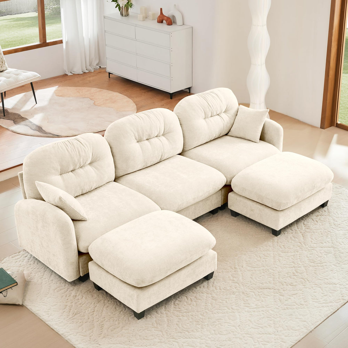 107" L Shaped Couch, Chenille Upholstered Modular Sectional Sofa, 3 Seater Deep Seat Sofa with Movable Ottoman, Modern Cloud Couch with Thick Seat Cushion, Sectional Couches for Living Room, Pink