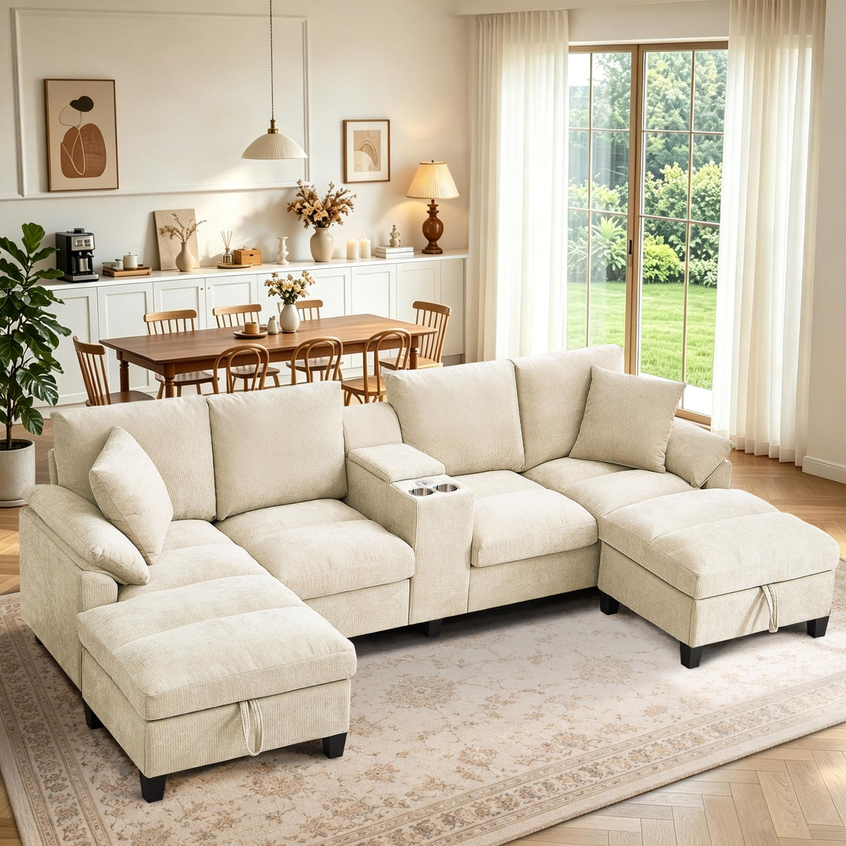 116" U Shaped Couch with Console, Sectional Couch Set with Double Chaise Lounges | Storage Ottoman & Console with USB Ports | 4 Seat Sofa with Cup Holder, Modern Linen Couches for Living Room, Yellow