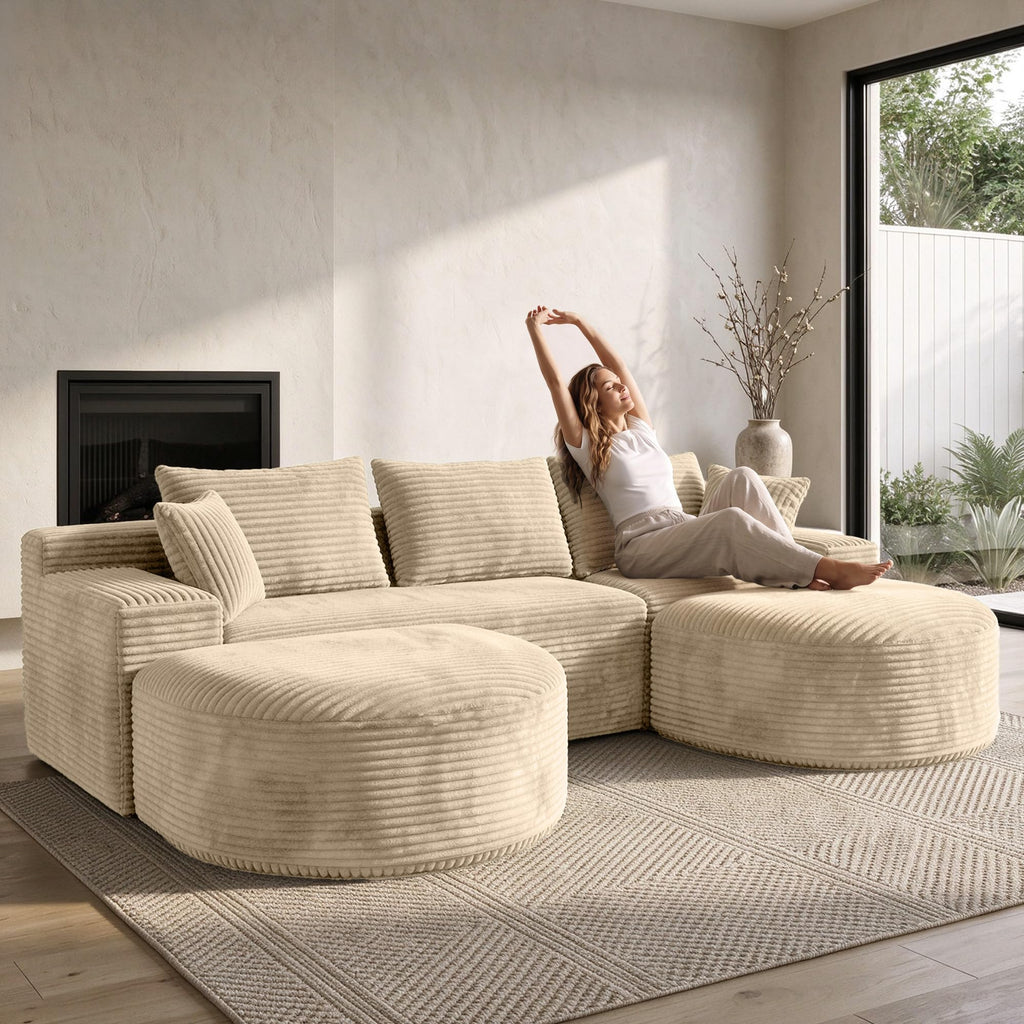 107" U-Shaped Modular Boneless Sectional Sofa with Curved 2 Ottomans, Camel