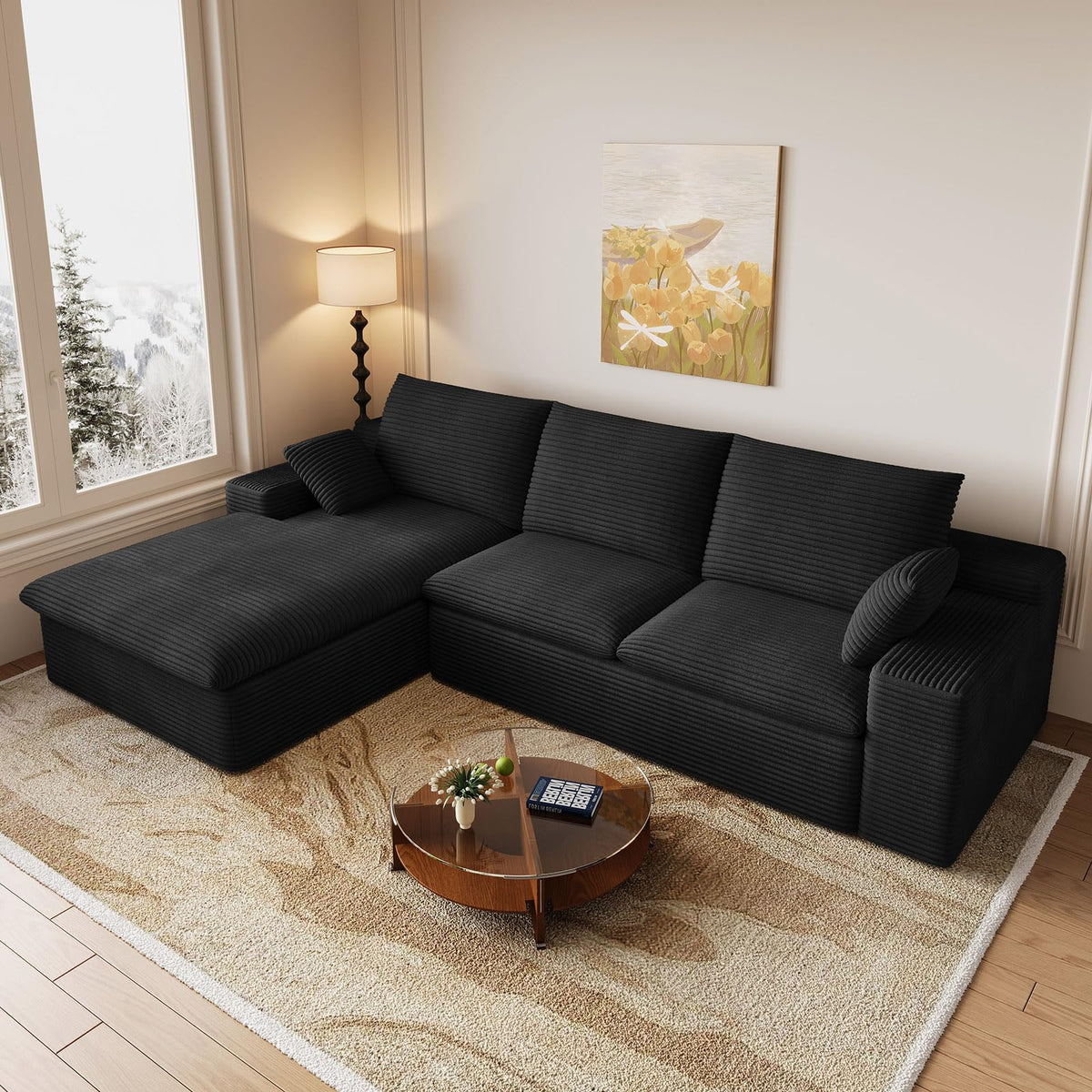 107" Cloud Couch Modular Sectional Couchs with Chaise Lounge, U-Shape Boneless Couches with Ottoman for Living Room, Corduroy Sofa with Deep Seat, No Assembly Required (Green, Left Facing Chaise)
