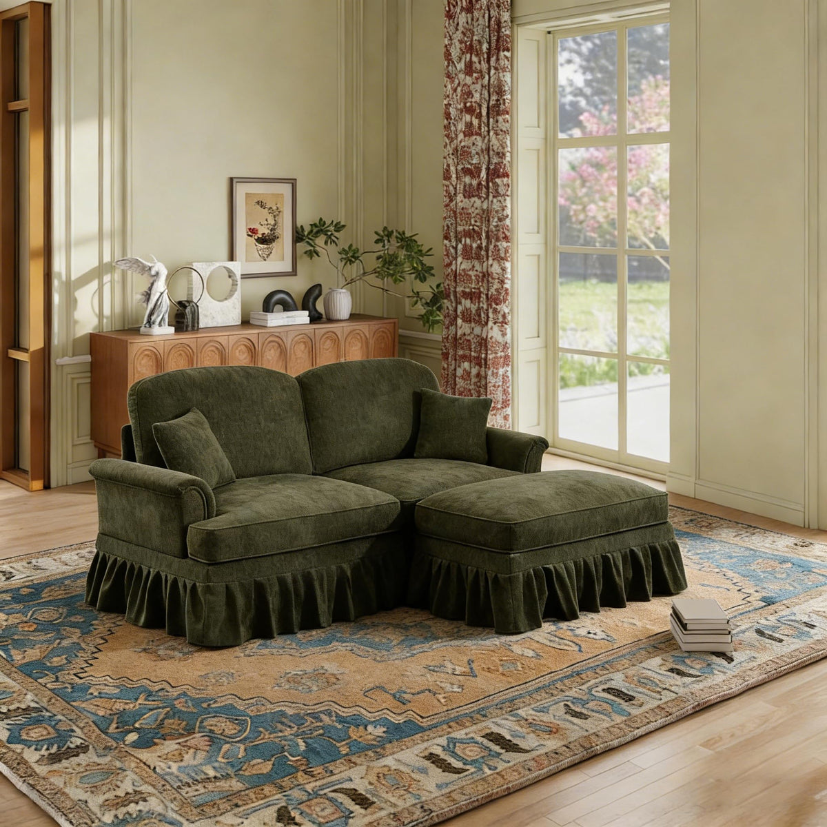 107'' Modern Sectional Sofa, Upholstered U-Shaped Couch with Removable Ruffles Pleats Skirts, Silver Chenille Cloud Couch, Ottoman, Flared Arms, 4-Seat Couches for Living Room, Bedroom, Camel