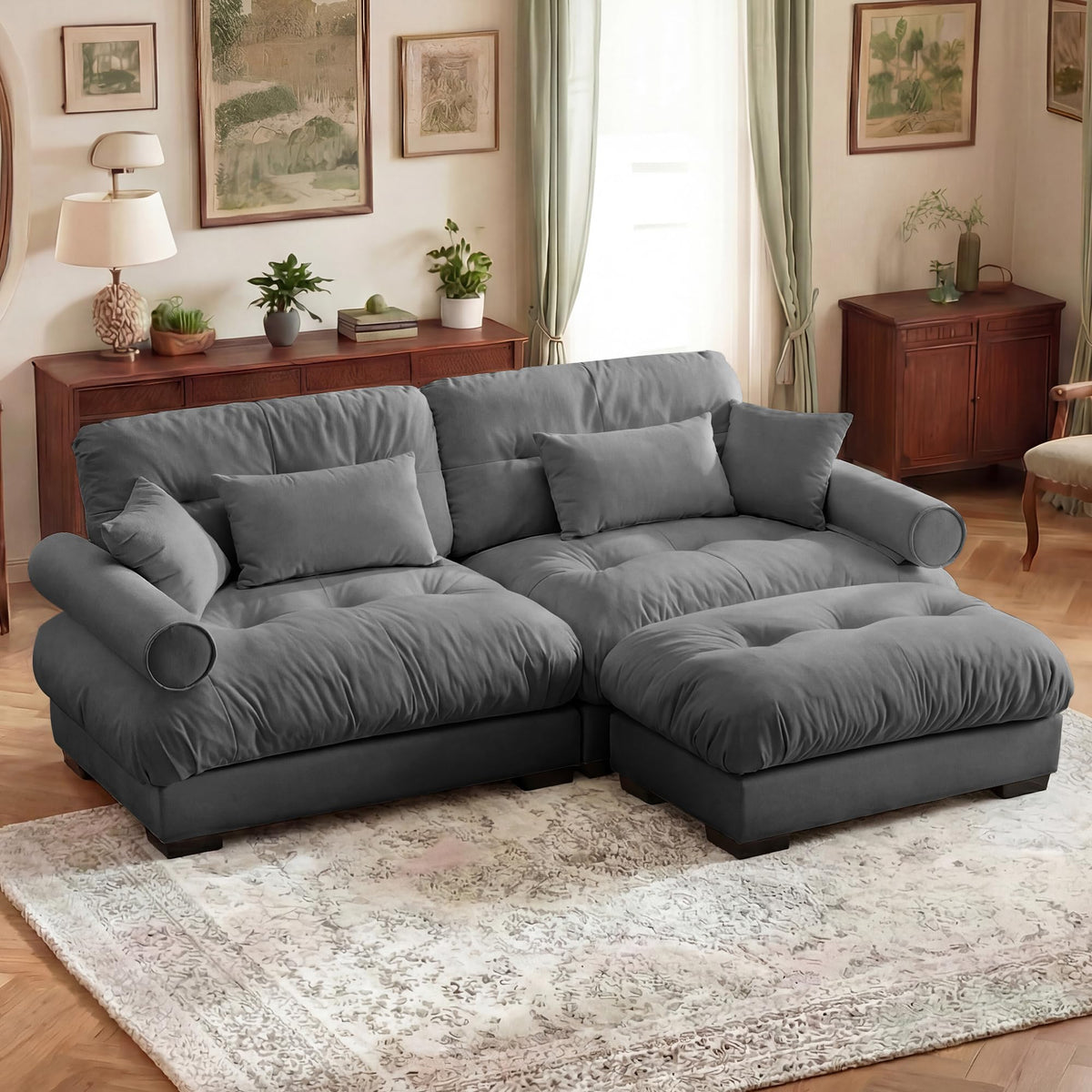 130" Cloud Couch, Oversized 3-Seater Couch with Ottomans and Pillows, Deep Seat L Shaped Sofa, Comfy Velvet Fluffy Sofas Modular Sectional Couches for Living Room (Blue, 3 Seat + 1 Ottoman)