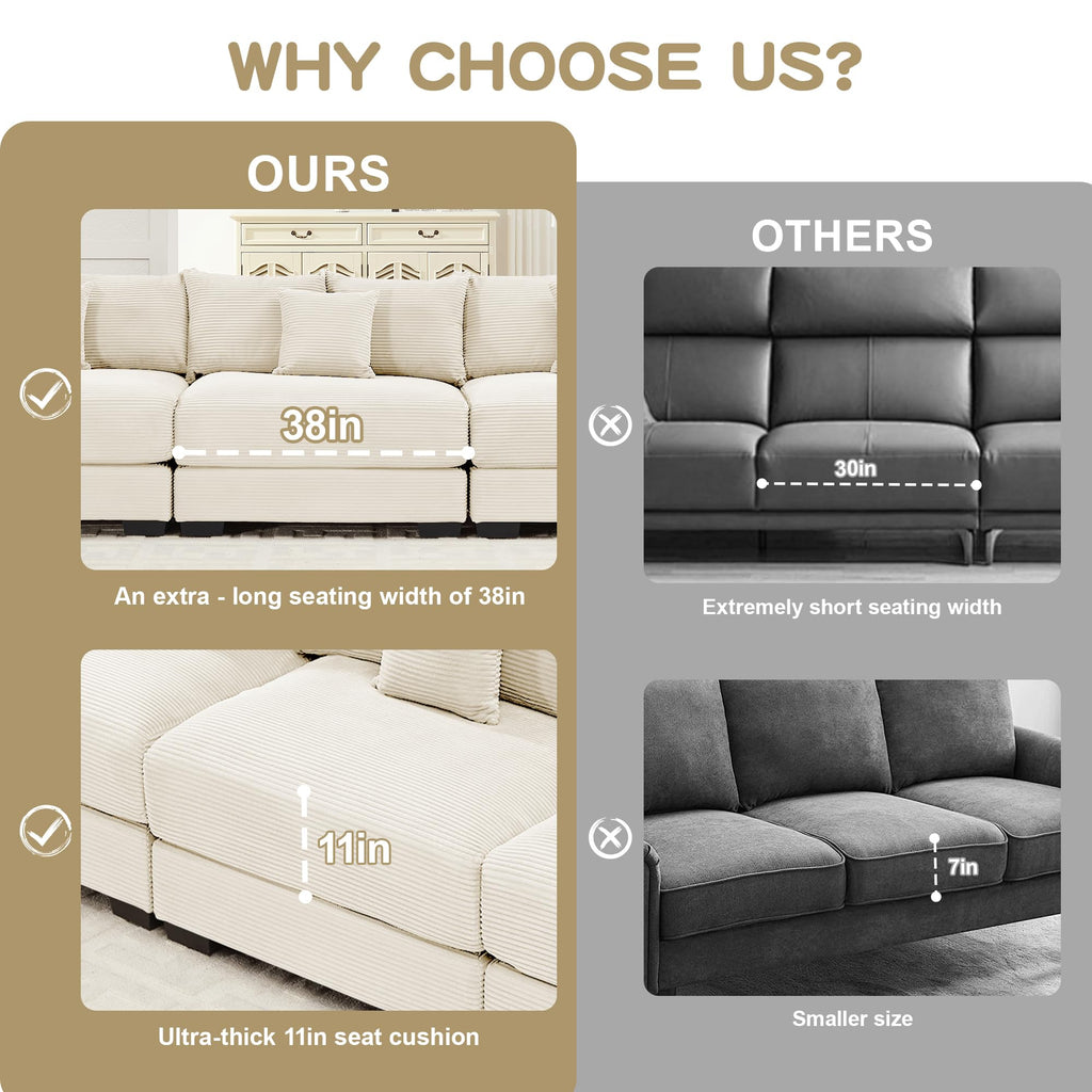 130" Oversized Modular 3-Seater Sectional Sofa, Cloud Corduroy Fabric with Extra-Thick Armrests, Ergonomic Deep Seat Couch for Living Room, Easy Assembly Sofas for Living Room(Cream)