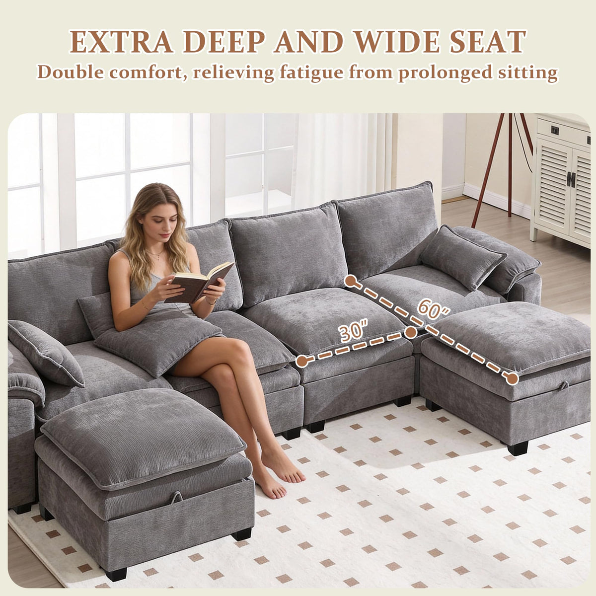130" Modular Sectional Sofa with Storage, Premium Chenille Cloud Couch with Movable Ottomans, 1200lbs Heavy Duty Deep Seat Sectional, High-Density Foam (Light Gray, 4 Seater & 2 Ottoman)