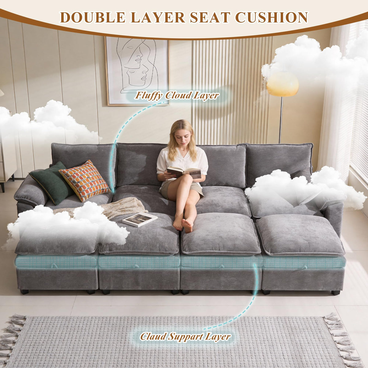 108" Modular Sectional Sofa with Storage Ottoman, Sectional Couches for Living Room, Chenille U Shaped Cloud Couch with Pillow, Deep Seater Sofa for Apartment, Light Gray