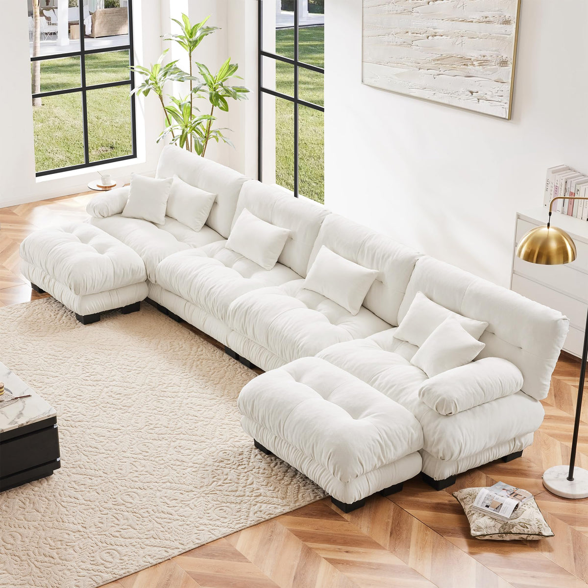 134" Oversized 3 Seater L Shaped Modular Sectional Sofa, Large Sectional Couches for Living Room, Chenille Cloud Couch with Pillows, Living Room Deep Seat Sofas with 3 Seats & 1 Ottoman, Pink