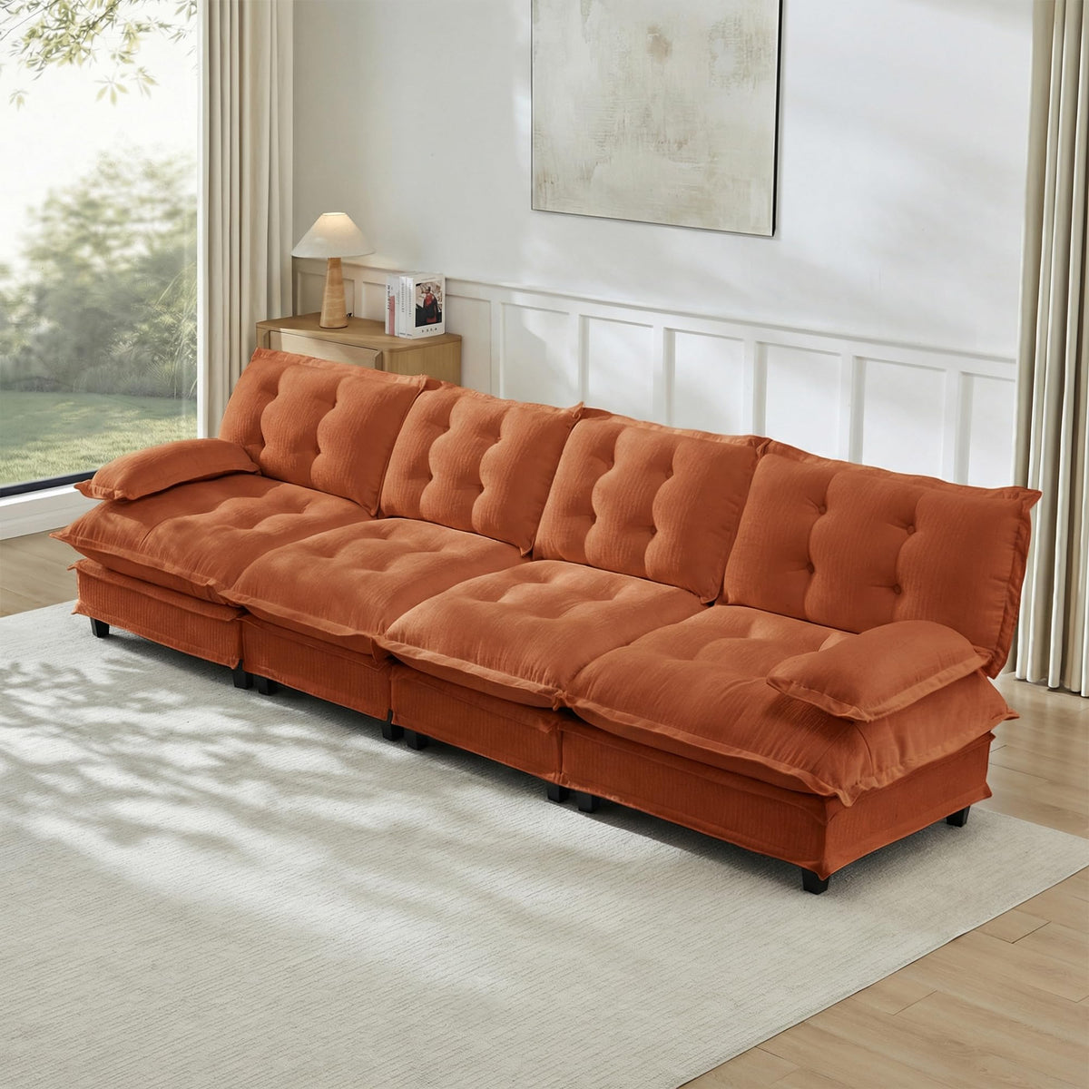 U Shaped Modular Sectional Sofa - 108" Chenille Cloud Deep Seat Couch with Ottoman, 5-Seat Comfy Lattice Decored Seat Cushion for Living Room, Apartment,Light Coffee