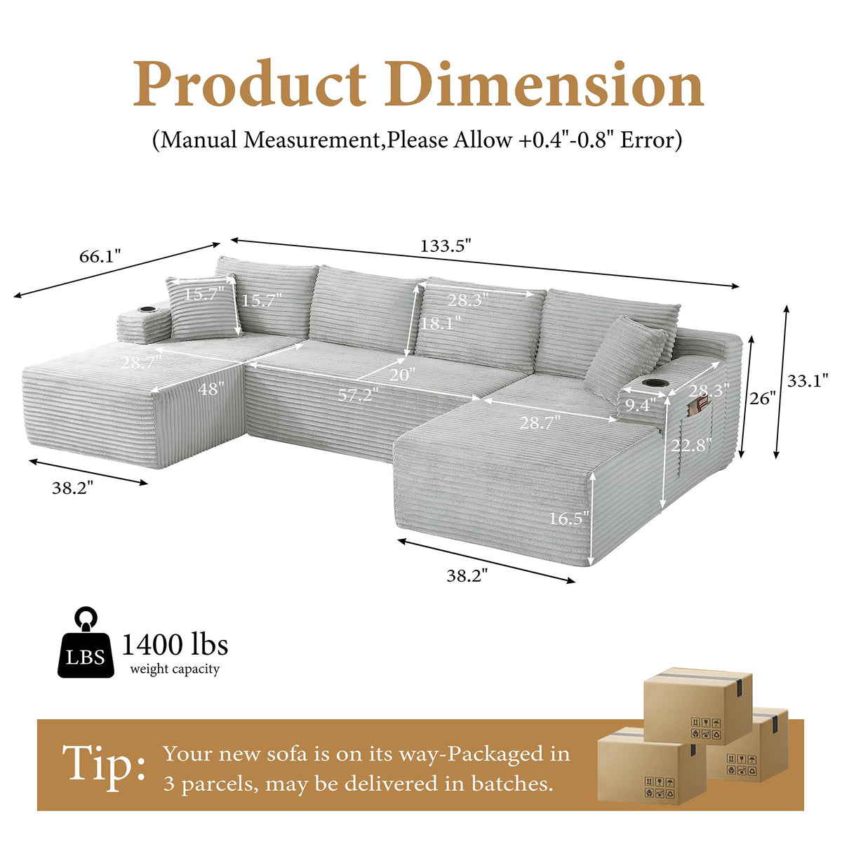 134 Inch Modular Corduroy Sectional Sofa, Oversized U-Shaped Cloud Couch, Boneless 5-Seater Sofa with Storage Pockets & Cup Holders, No Assembly Required