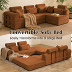 106" Convertible Sleeper Sectional Sofa Bed, 4-in-1 Corduroy Boneless Couch with Fixed-Shape Frame, Modular L-Shaped Sofa with Pillows, Fold Out Floor Sofa for Living Room Apartment (Orange)