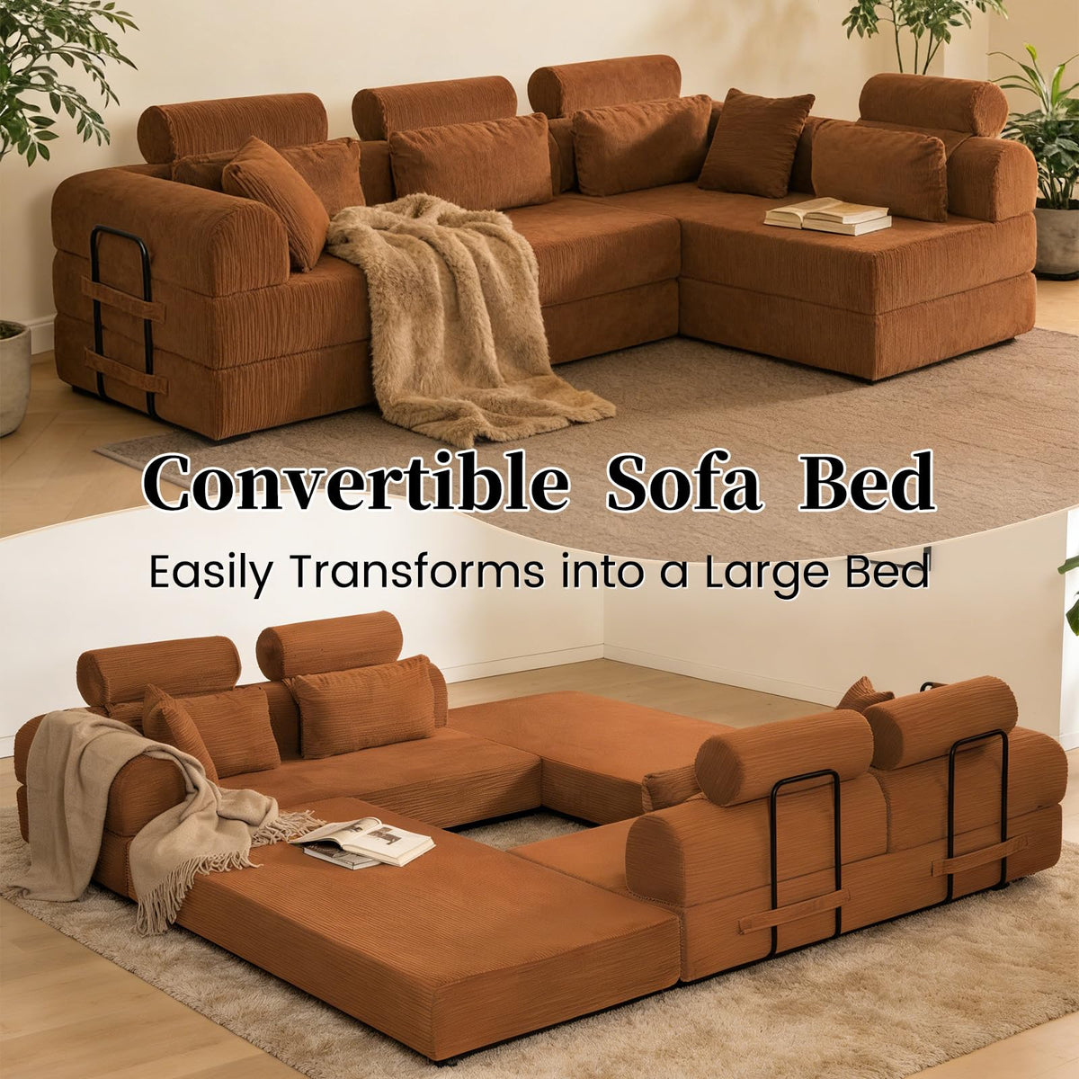 106" Convertible Sleeper Sectional Sofa Bed, 4-in-1 Corduroy Boneless Couch with Fixed-Shape Frame, Modular L-Shaped Sofa with Pillows, Fold Out Floor Sofa for Living Room Apartment (Orange)