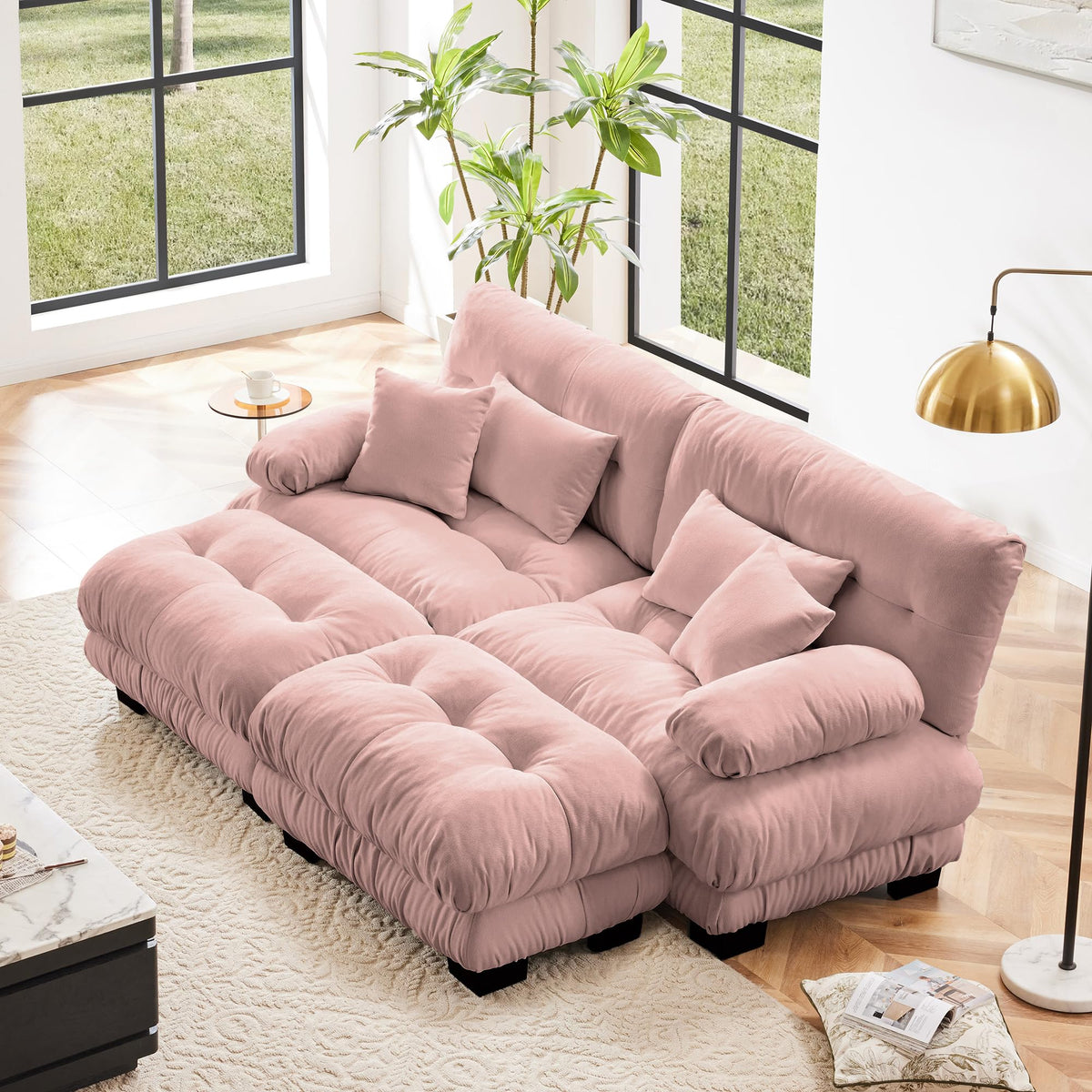 130" Modular Sectional Sofa,Velvet Upholstered Couches for Living Room,3 Seater Green Sofa Couch with Movable Ottoman,Big Comfy Loveseat Sofa with Deep Seats for Living Room,Apartment,Bedroom