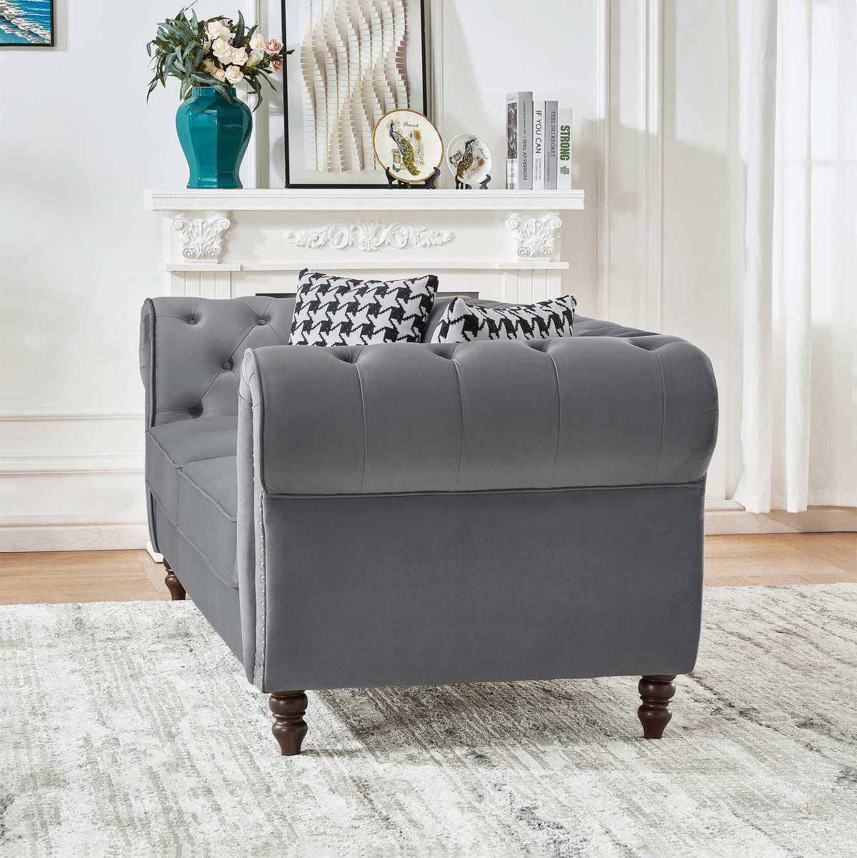 Tidyard 3-Seater Velvet Sofa with Roll Arms & Nailhead Trim, Mid Century Modern Couch for Living Room, Office, Grey