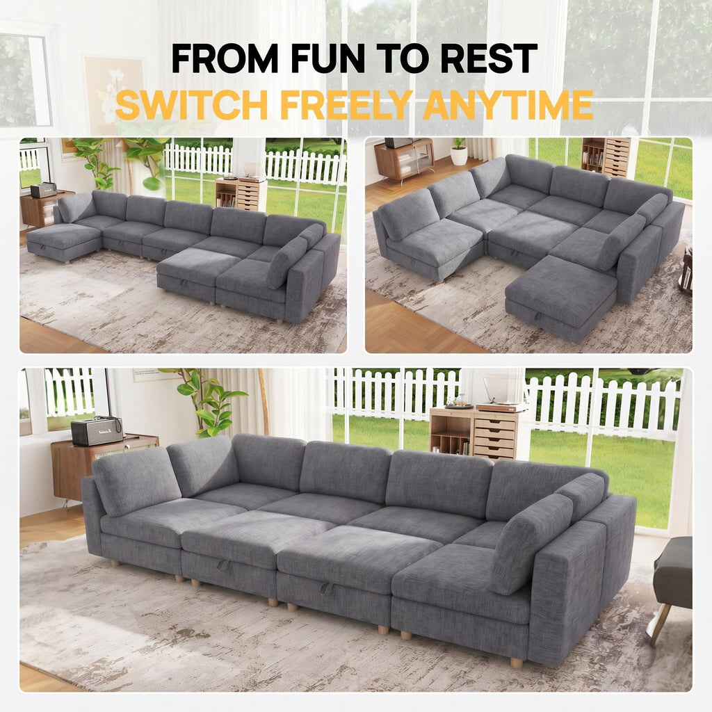 128'' Modular Sectional Sofa, 8 Seater Sectional Sofa,Chenille Modern Couch with Removable Covers, U Shaped Sofa Bed with Storage, L Shaped Cloud Couches with Ottoman, Grey Couches for Living Room