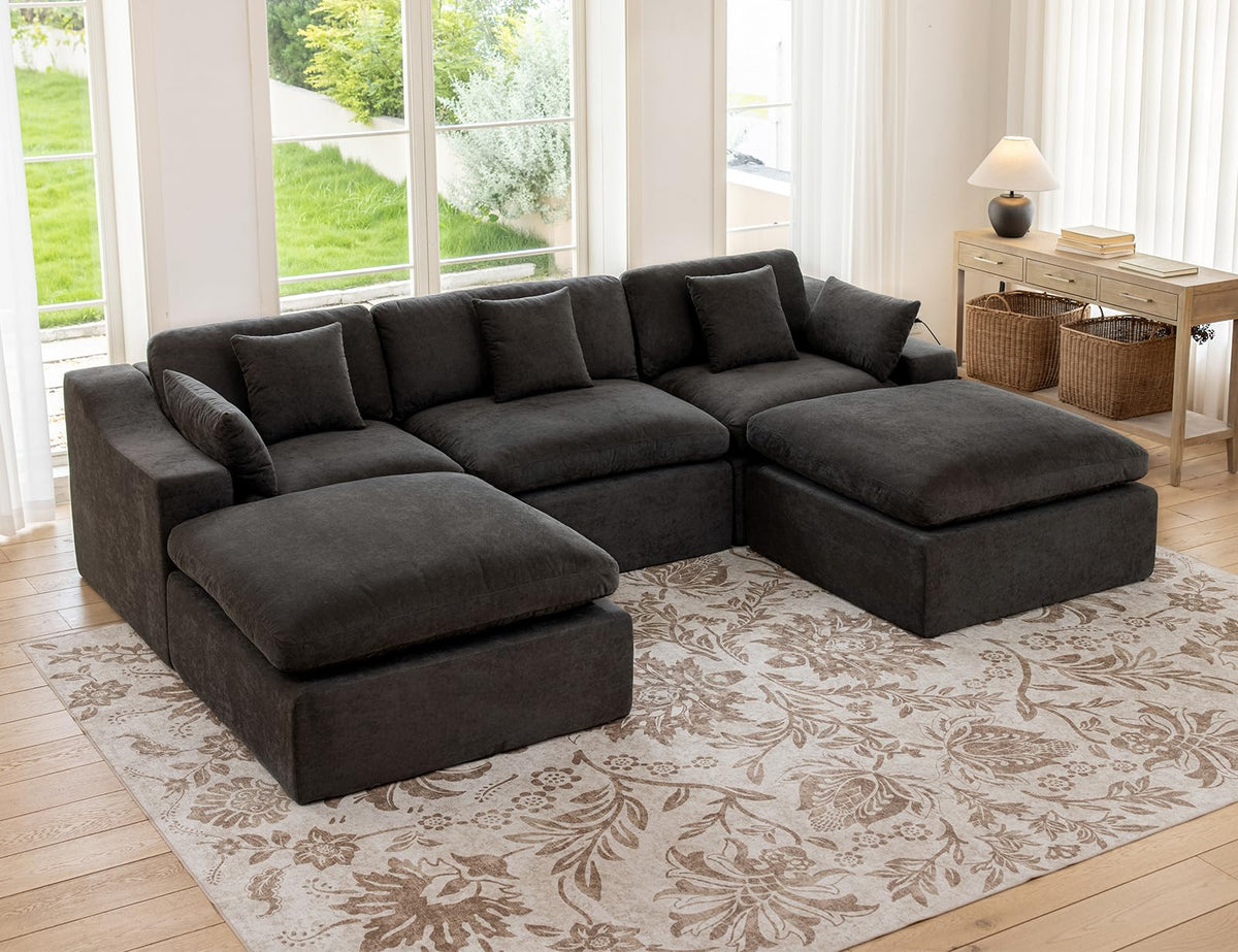 120" Cloud Sectional Couches -Oversized Modern Modular Sofa with Curved Handrail, Convertible L-Shape Couch with Ottoman,4 Chenille Seater Modular Sectional Sofa for Living Room,White