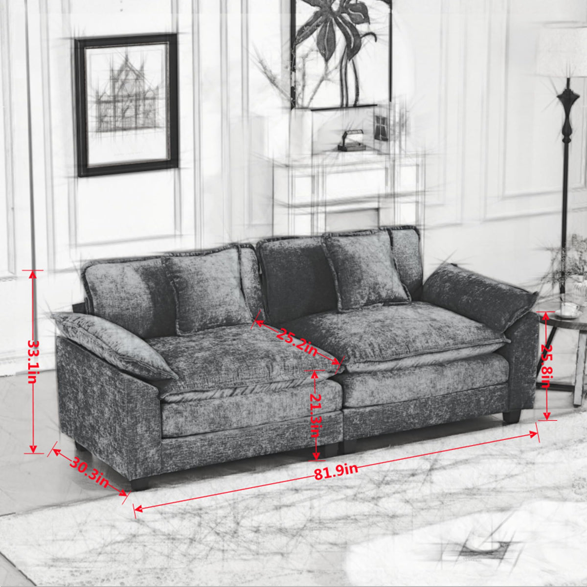 Wider Armrest LoveSeat (Ottoman is not Included), Sectional Couch, for Living Room Bedroom and Apartment, Comfy Double Layer Upholstered Seat Cushion, Breathable Chenille Fabric, Blue,SW5042BL RG696