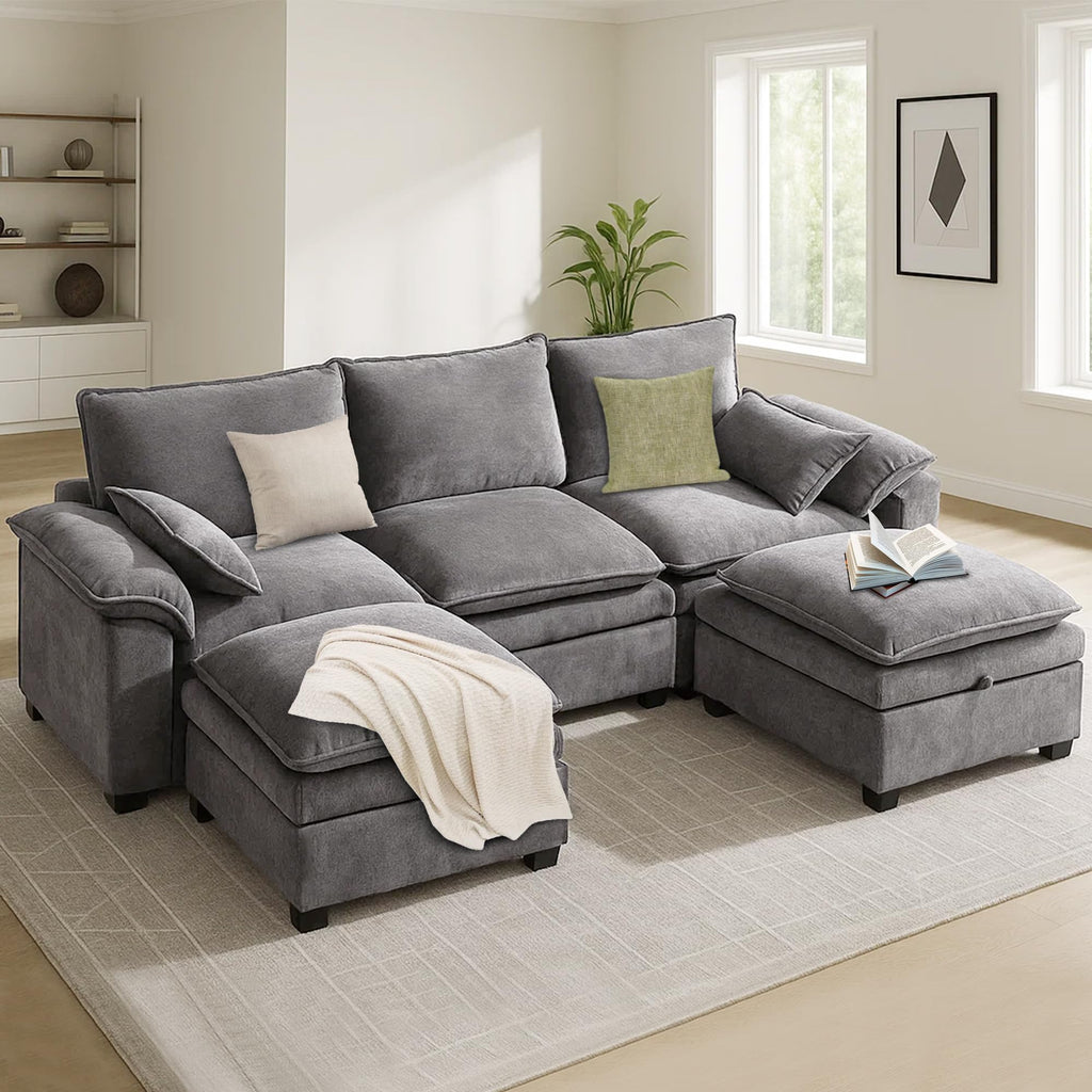110" Modular Sectional Sofa with Storage, Premium Chenille Cloud Couch with Movable Ottomans, 1200lbs Heavy Duty Deep Seat Sectional, High-Density Foam