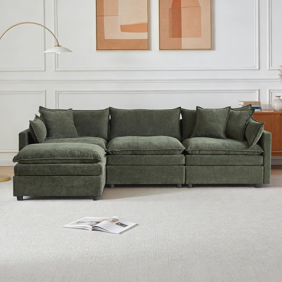 108.66" L Shaped Modular Sectional Couch, Comfy Chenille Upholstered Cloud Couches with Movable Ottoman for Living Room, Modern 3 Seater Sofa with Pillows for Apartment, Green