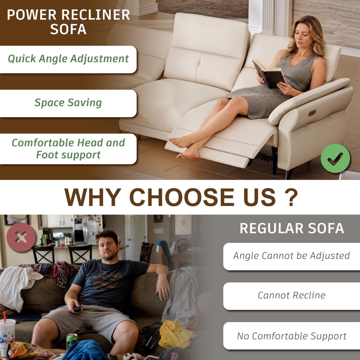 107.1''W Oversized Beige Leather Power Reclining Sofa Couch with Dual Motor