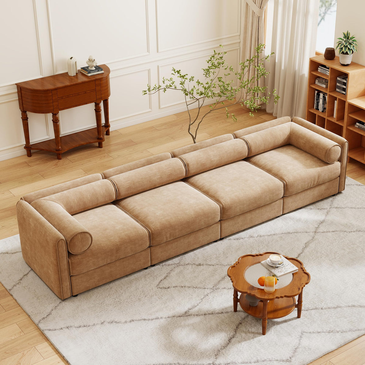 109'' Modular Sectional Sofa, Oversized 4 Seat L Shaped Couch with Storage Ottoman, Extra Deep Seat, Modern Comfy Convertible Chenille Sofa with Chaise, Lounge Couches for Living Room, Camel