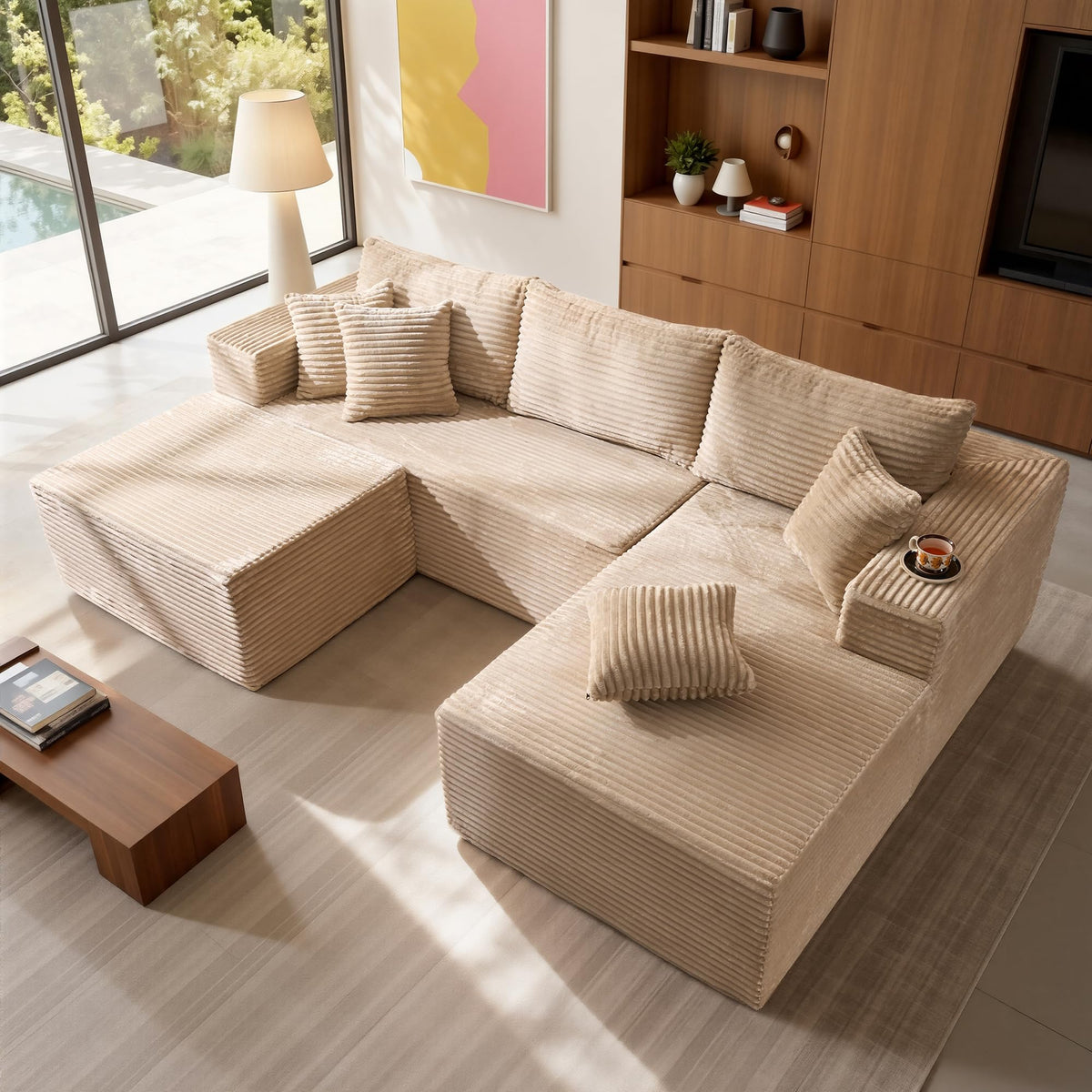 108" Modular Cloud Sofa, High-Density Foam Sectional Couch, Oversized Convertible U-Shaped Sofa Bed with Plush Fabric, Deep Seats, Wide Armrests, Boneless Couches for Living Room, Beige