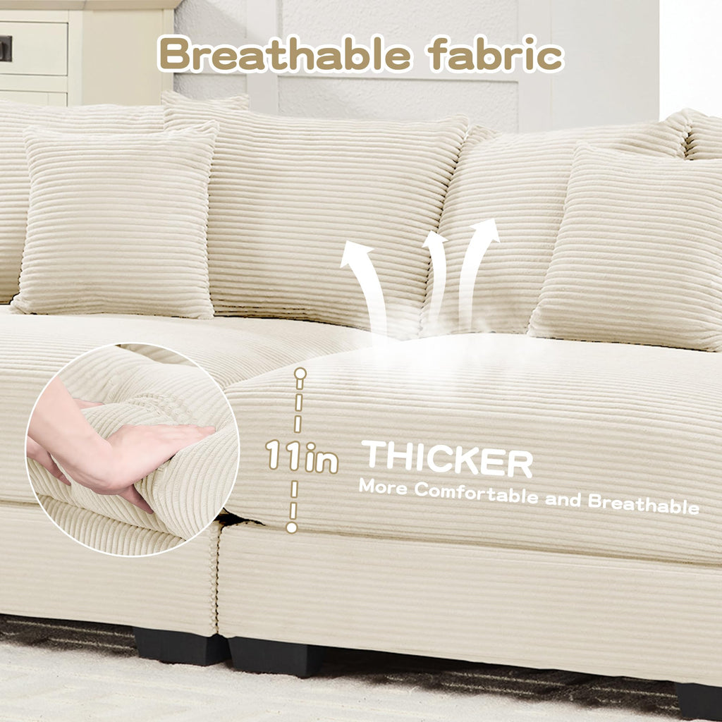 130" Oversized Modular 3-Seater Sectional Sofa, Cloud Corduroy Fabric with Extra-Thick Armrests, Ergonomic Deep Seat Couch for Living Room, Easy Assembly Sofas for Living Room(Cream)