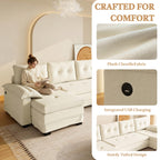 110" Oversize U-Shaped Chenille 4-Seater Sofa with Pull Out Bed, 2 in 1 Convertible Sleeper Couch with Removable Armrests & USB Ports, Sectional Modular with Chaise Lounge for Living Room (White)