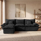 110" Cloud Sectional Couches for Living Room, Convertible L-Shape Couch with Ottoman, 3 Seater Modular Sectional Sofa, Boat-Shaped Fluffy Chenille Couch with Comfy Deep Seats, Black