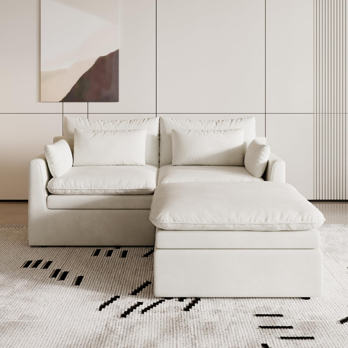 120" Cloud Couch Modular Sectional Sofa for Living Room, 3-Seater with Ottoman, Modern Sofa with Small Pillows Deep Seat L Shapedd Couch Covers Removeble Comfy Linen Khaki
