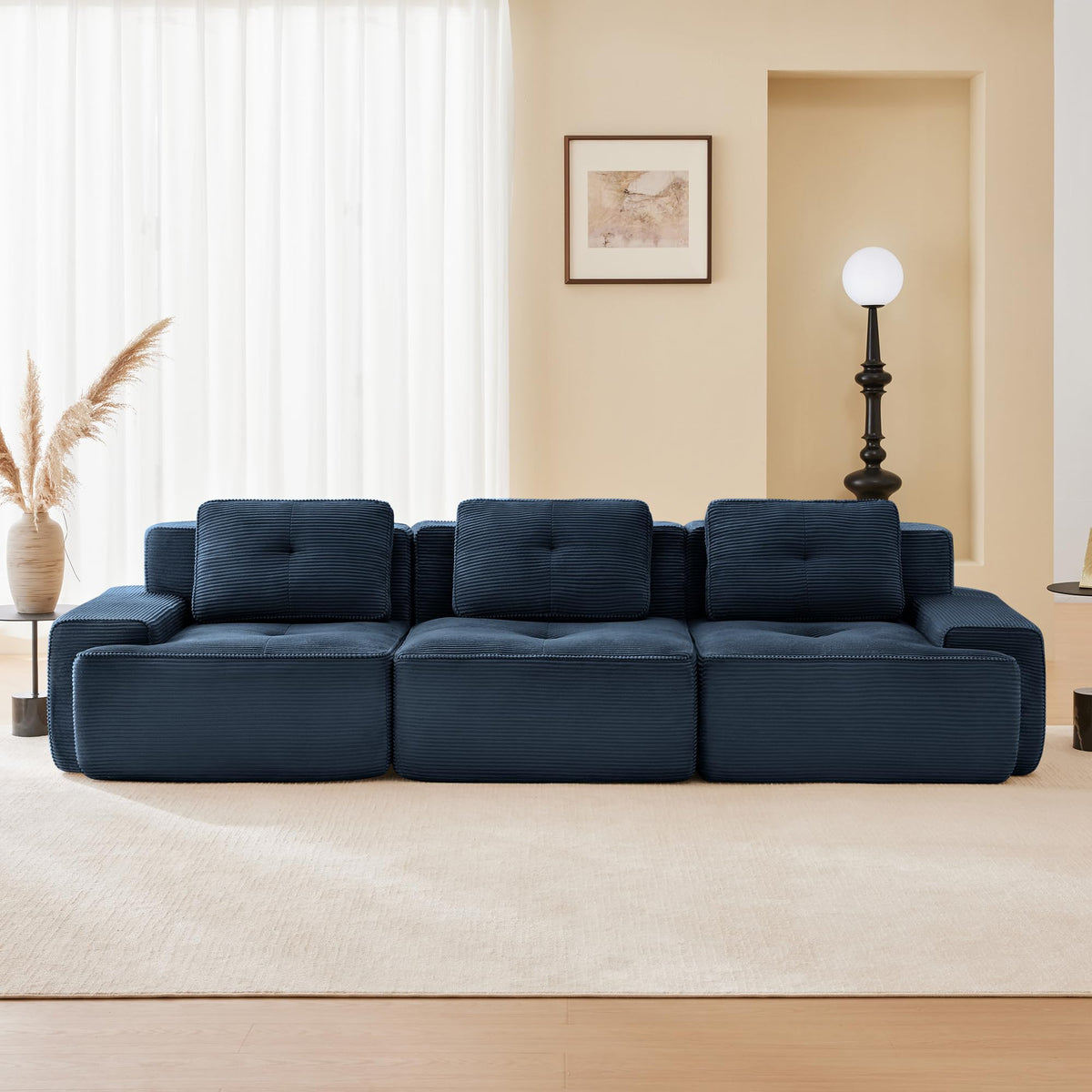 115.3” Camel Boneless Couches for Living Room, Modular Sectional Sofa with L-Shape Chaise, 3 Seater Comfy Upholstered Deep Seat Corduroy Fabric Cloud Couch No Assembly, Anti-Slip Design