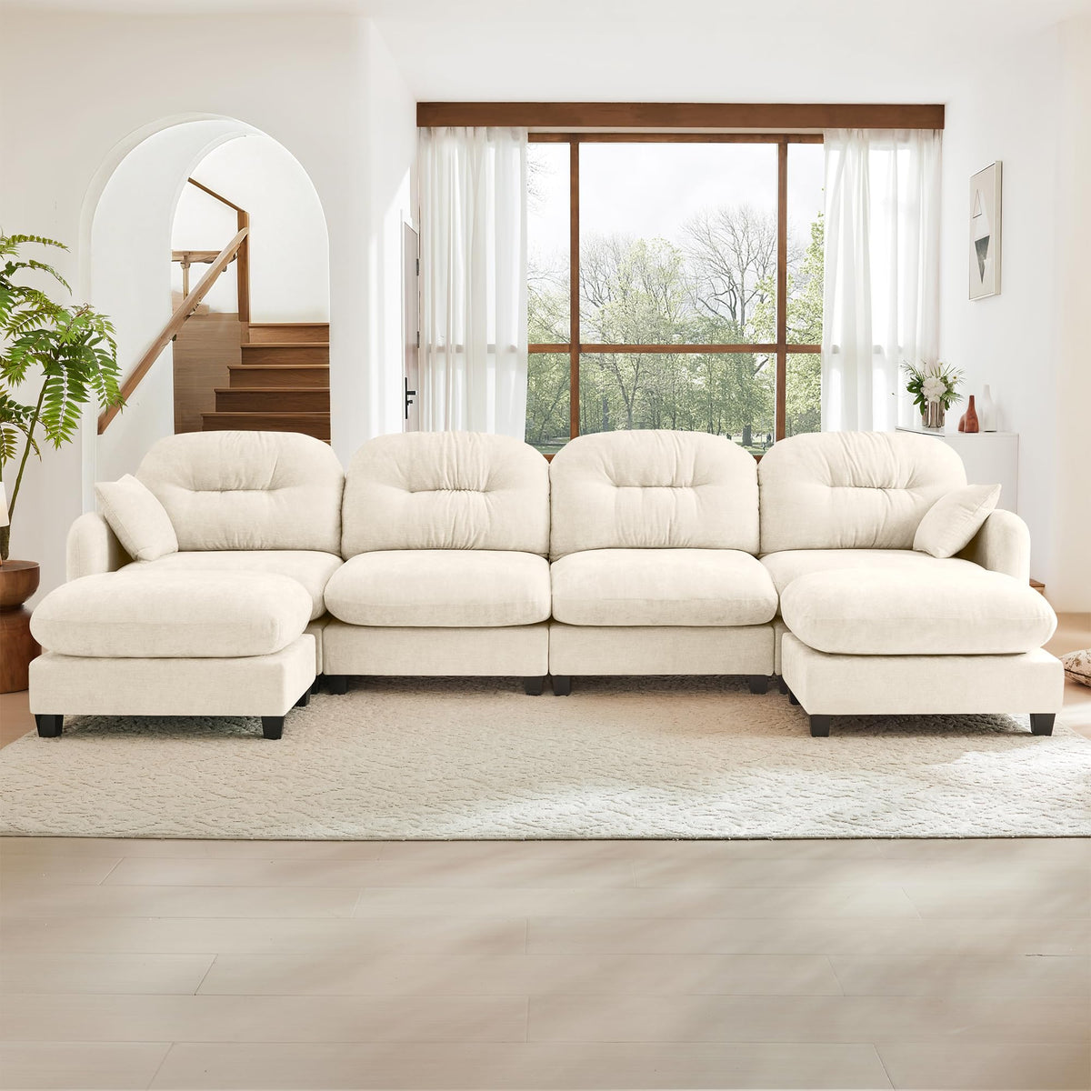 107" Modular Sectional Sofa, Comfy U Shaped Cloud Couch with Ottoman, Chenille Sofa Sleeper Deep Seat Sofas with Throw Pillows for Apartment-Camel