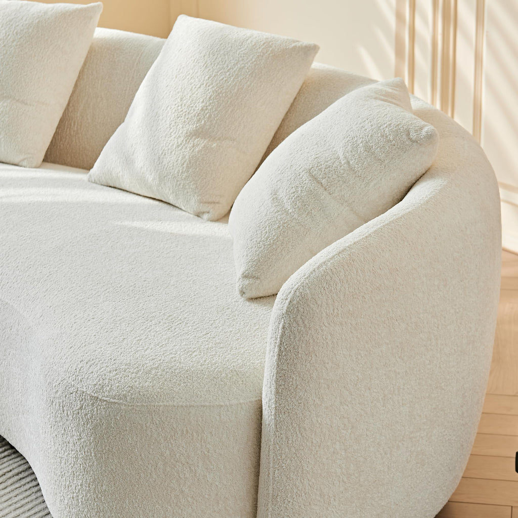 100inch Curved Sofa, 4-Seater Modern Cloud Couch with 4 Throw Pillows, Solid Wood Frame & Soft Boucle Upholstery, Sectional Sofa for Living Room,Apartment, Cream White (No Assembly Required)