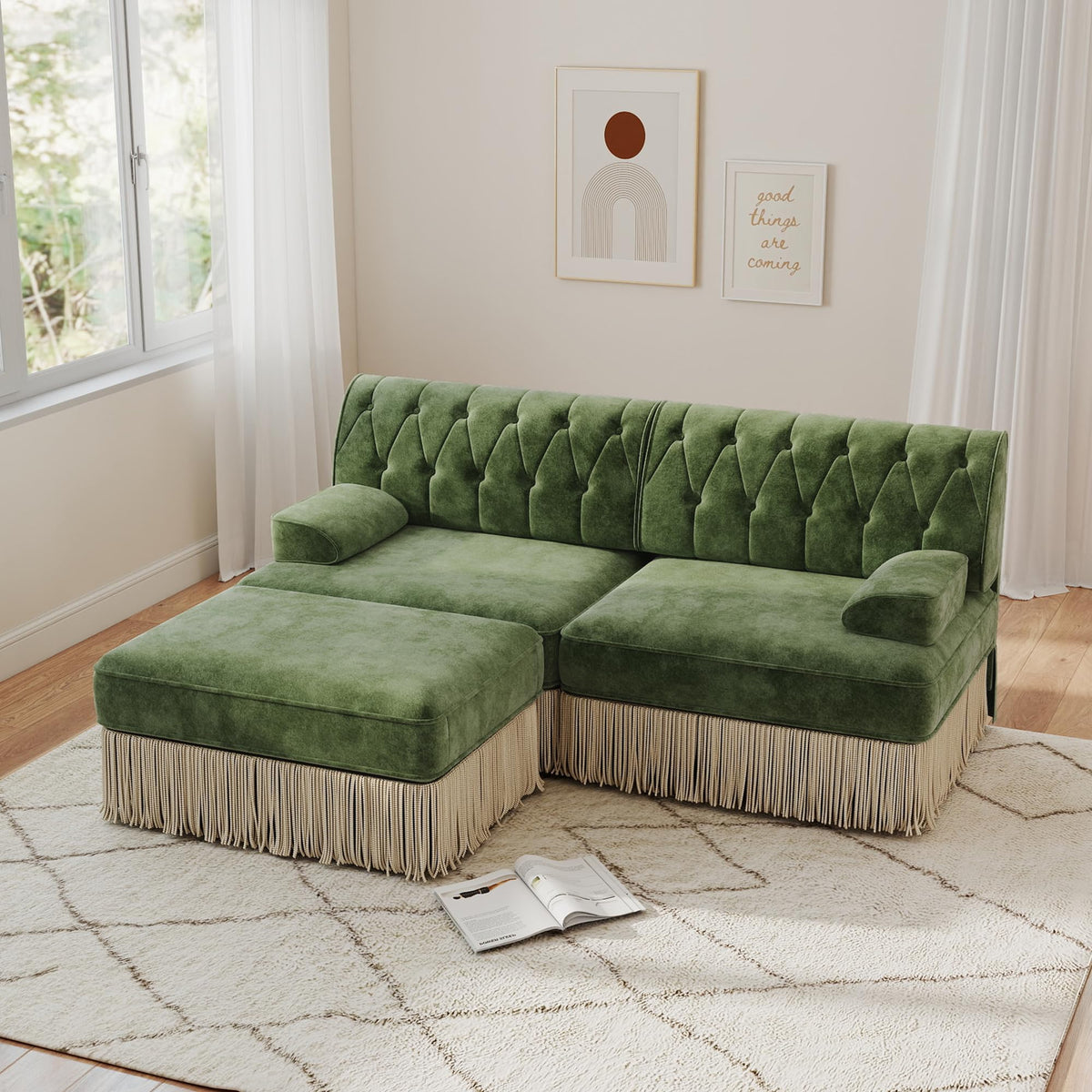 Unique Chesterfield Style Modular Sectional Sofa, 135.6” L-shaped Boneless Sofa with Velvet Fabric, Floor-grazing Tassel Fringe Skirt and Button Tufted Design for Living Room, Easy to Assemble, Beige