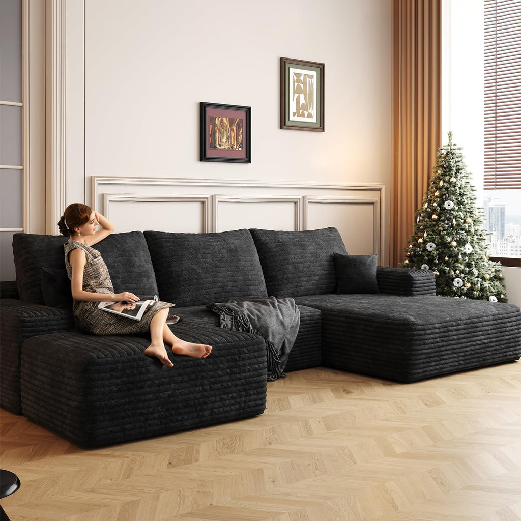 107" U-Shaped Cloud Sectional Couch with Ottoman for Living Room, Boneless Sofa, Compressed Sofa, No Assembly Required, Black Corduroy, Right Chaise
