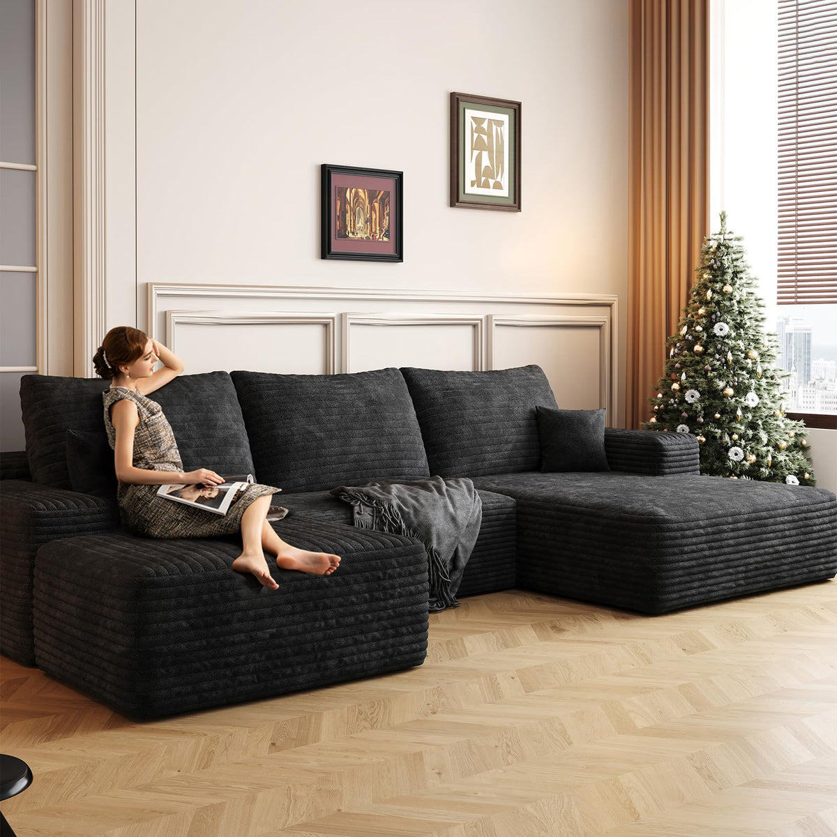107" U-Shaped Cloud Sectional Couch with Ottoman for Living Room, Boneless Sofa, Compressed Sofa, No Assembly Required, Black Corduroy, Right Chaise