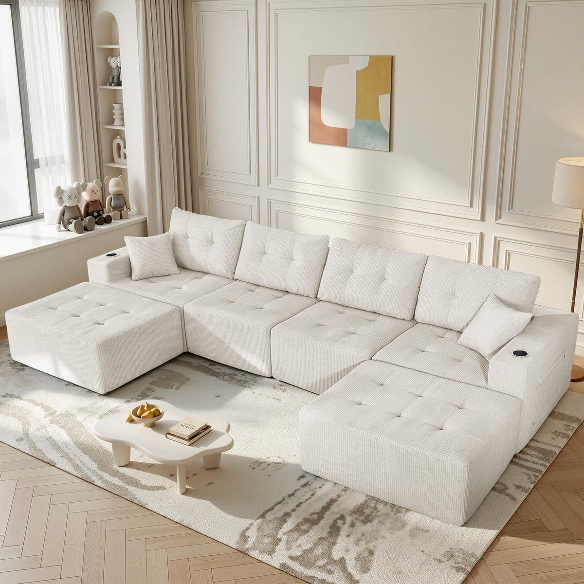 113" Boneless Modular Sectional Sofa, L-Shape Couch, 4-Seat Gray Corduroy