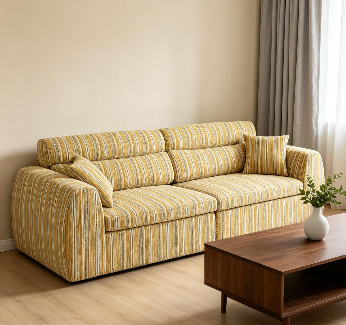 Woven Chenille Striped Sofa, Compact Straight Row Couch with High Density Sponge, No Assembly Space Saving Compression Sofa for Living Room Apartment Office (Bumblebee Stripe)