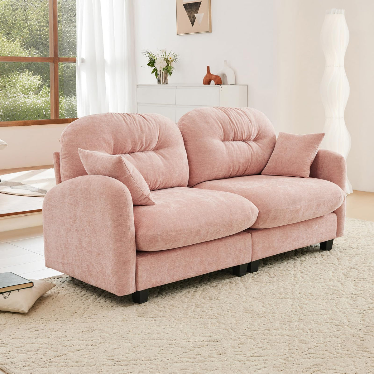 107" L Shaped Couch, Chenille Upholstered Modular Sectional Sofa, 3 Seater Deep Seat Sofa with Movable Ottoman, Modern Cloud Couch with Thick Seat Cushion, Sectional Couches for Living Room, Pink