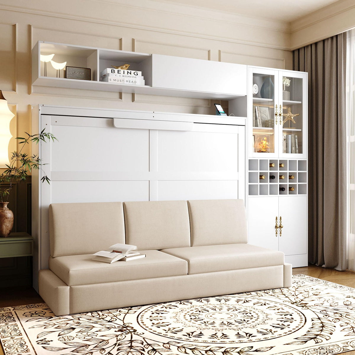 Wood Murphy Bed with Sofa, 4 Storage Shelves and USB Charging Station