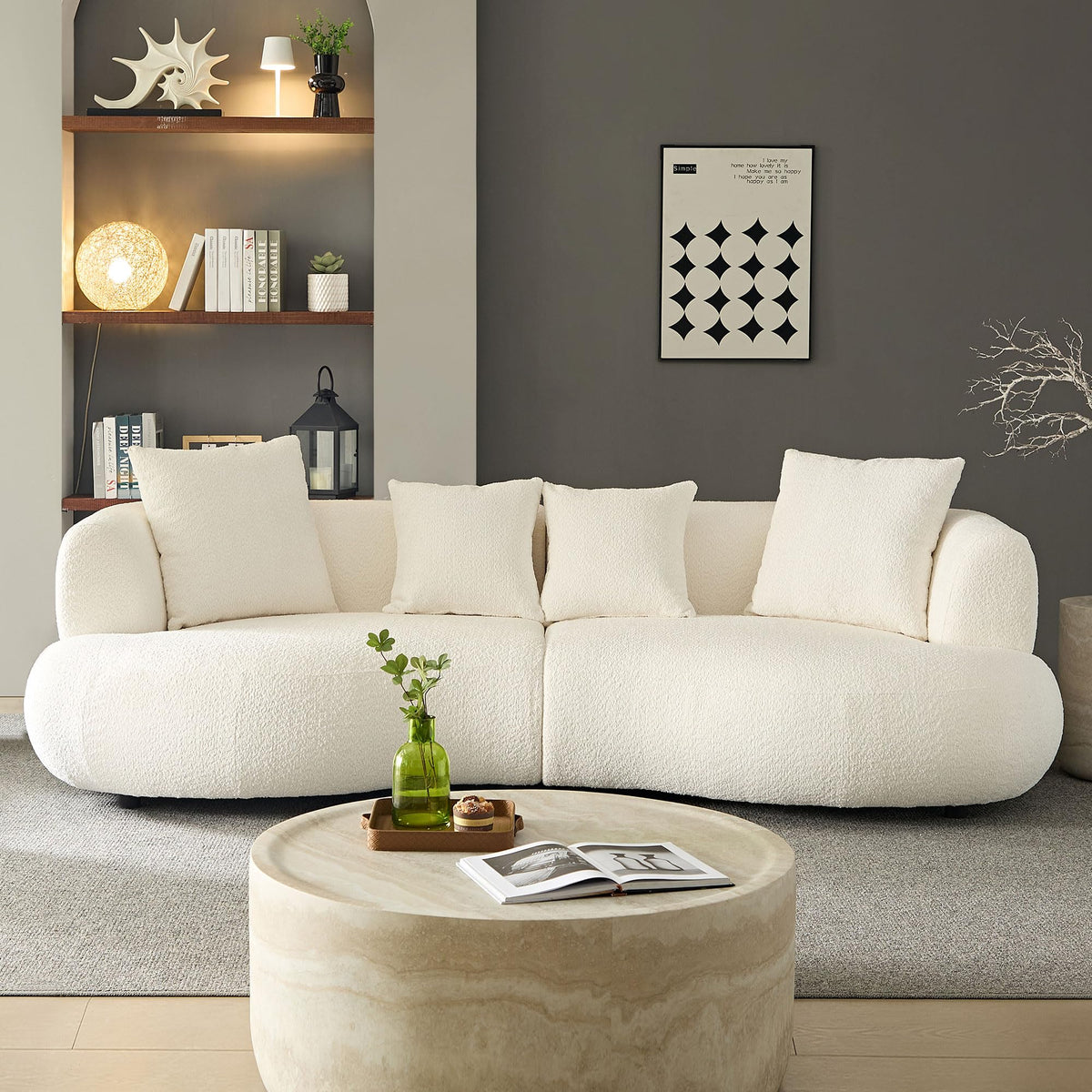 Tidyard 102.3? Mid Century Modern Curved Sectional Sofa, 4-Seat Cream Boucle Fabric Couch for Living Room or Apartment, White Upholstered Sofa with Plush Cushions and Pillows