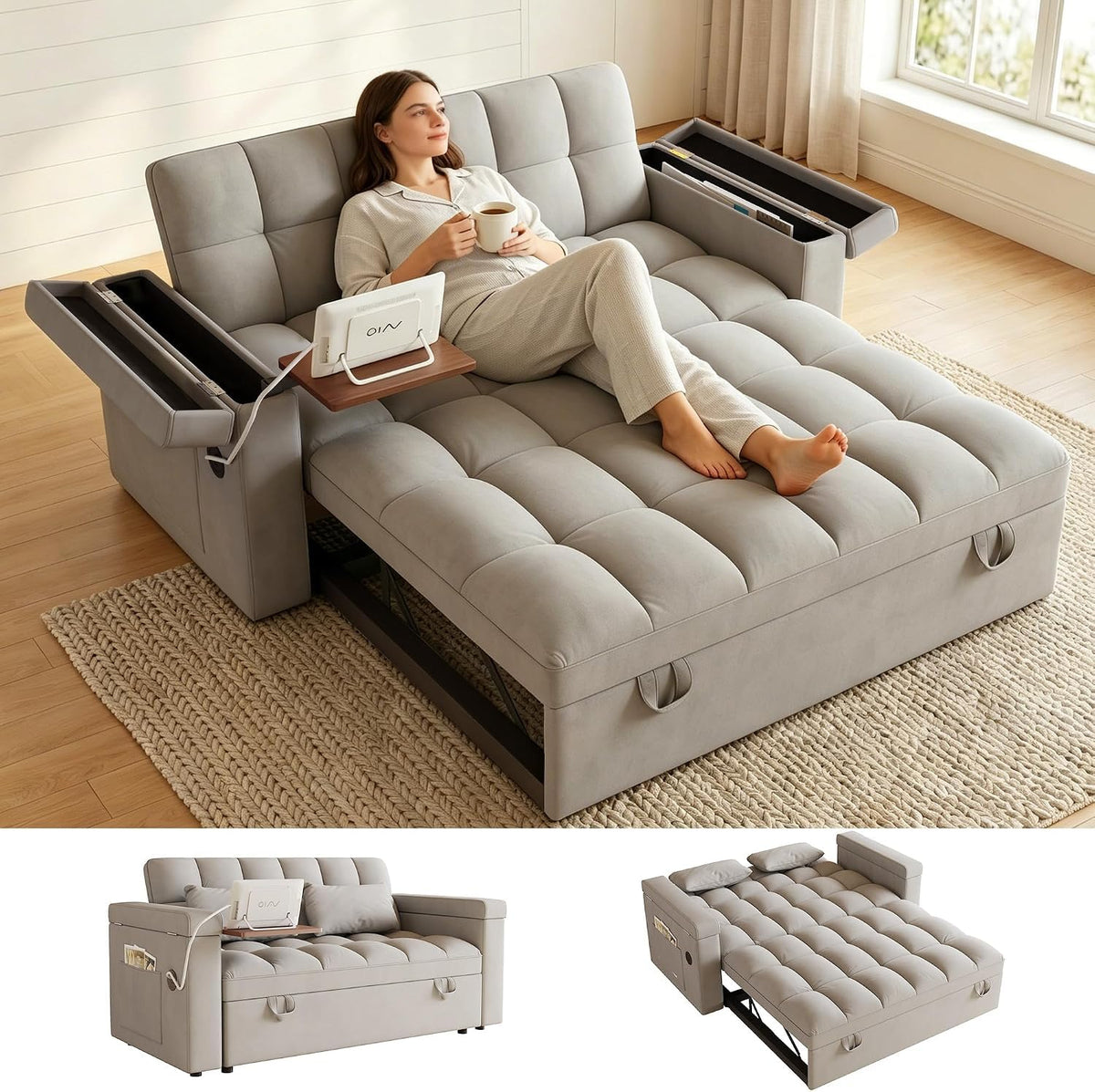 100" Modular Sectional Sleeper Sofa with Pull Out Bed/Side Table/USB Charging/Storage Chaise, Comfy Convertible Cloud Couch, U Shaped 7 Seat Corduroy Sofa with Cup Holders,Green