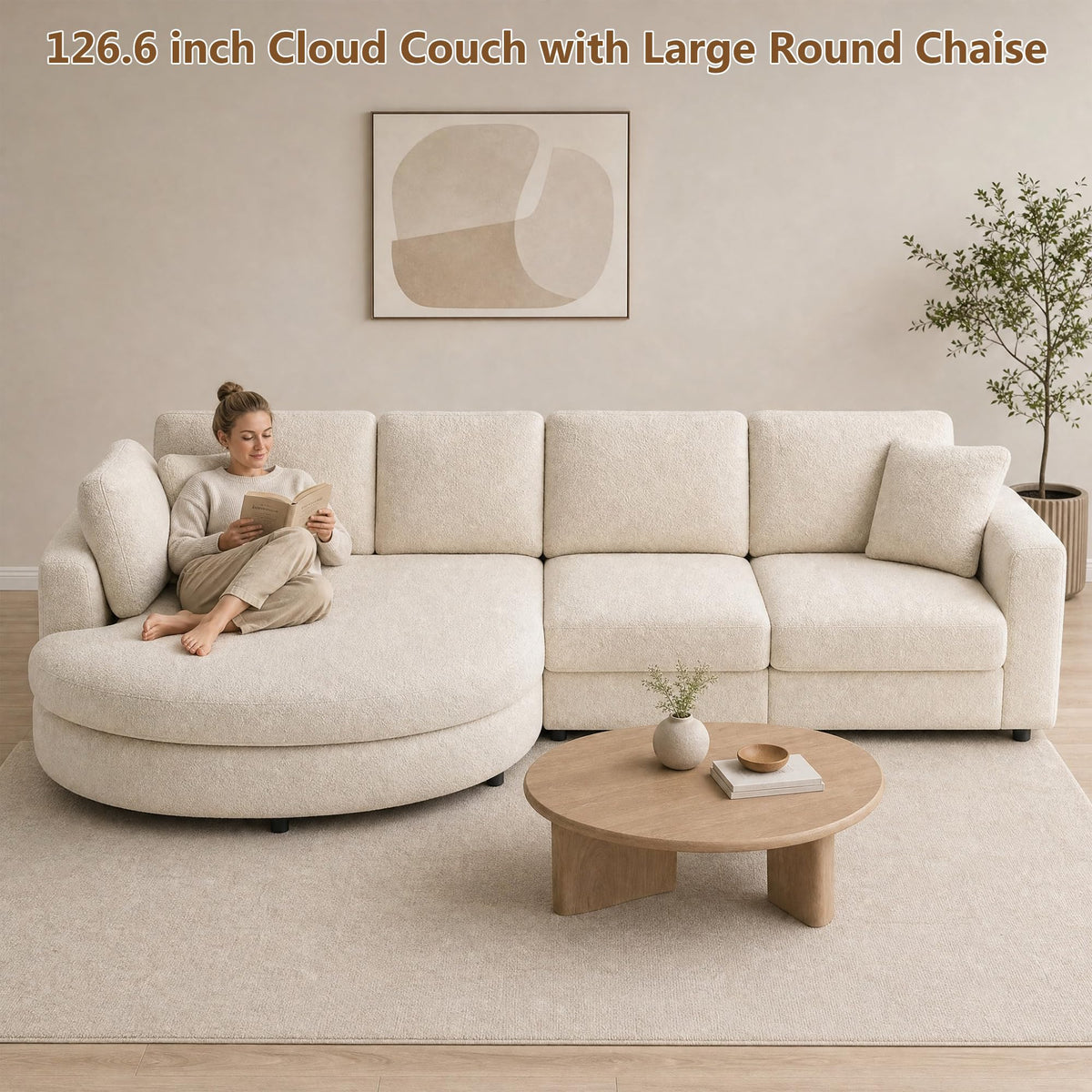 XVD 126.6" Modern Curved Couches for Living Room, Oversized Sectional Cloud Couch with 51" Large Round Chaise, 4 Seater Deep Seat Couch with 2 Pillows, Fabric L Shaped Sofa for Apartment (Beige)