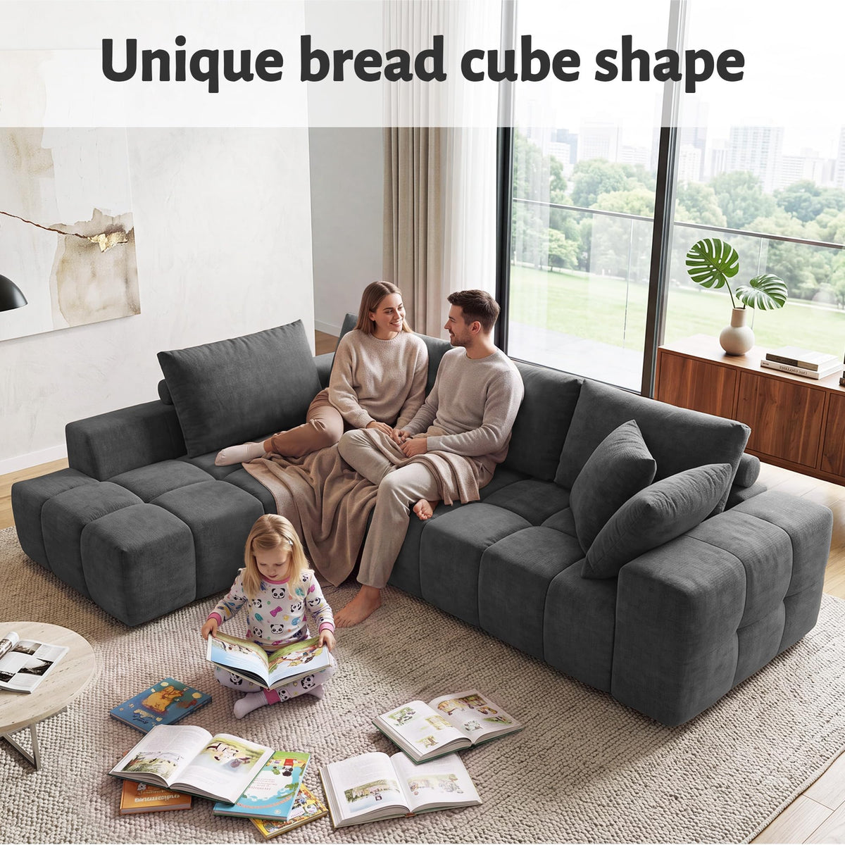 116" Modular Boneless Couch for Living Room, Modern Sectional Chenille Sofa with Oversized Deep Seat,Cloud Couch with L-Shape Chaise,No Assembly Required,Gray