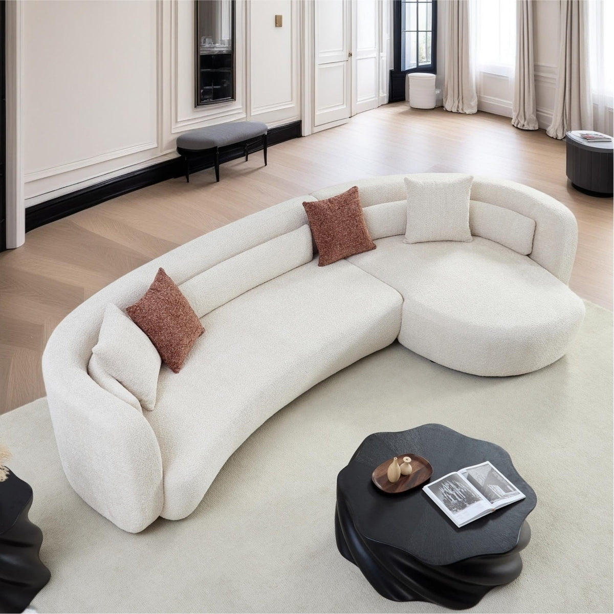 132" Curved Boucle Sectional Sofa, Modular L Shaped Couch with Chaise, Oversized Sectional Couch for Living Room, Beige Upholstered Sofa (Right Hand Facing)