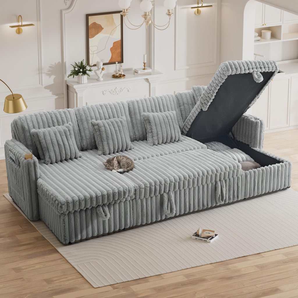 107" Sectional Sleeper Sofa with Pull Out Bed, Comfy Fluffy Plush Cloud Corduroy Sectional Couches for Living Room, U Shaped Modular Couch with Storage Chaise, Cup Holder & USB Charger, Grey